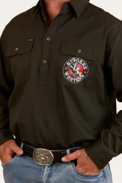 Clearance Ringers Western 8 Seconds Mens Half Button Work Shirt - Charcoal