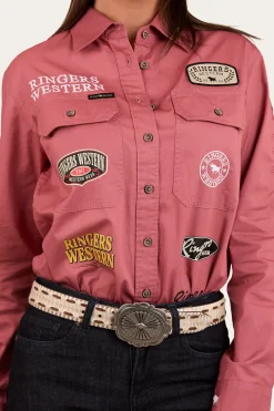 New Ringers Western Barrel Racer Womens Full Button Work Shirt - Dusty Rose