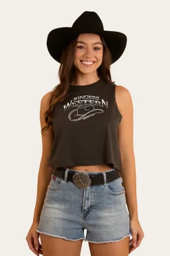 Discount Ringers Western Chasing Cowboys Womens Crop Muscle Tank - Charcoal