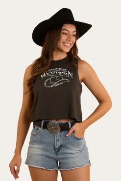 Discount Ringers Western Chasing Cowboys Womens Crop Muscle Tank - Charcoal