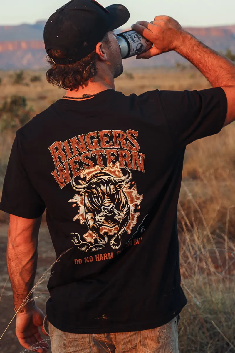 New Ringers Western Do No Harm Take No Bull Mens Loose Fit T-Shirt - Black