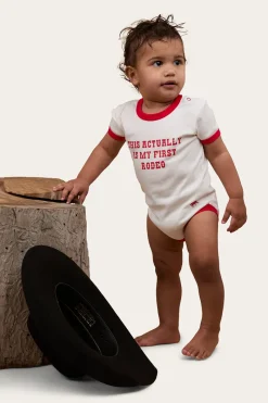 Clearance Ringers Western First Rodeo Babies Short Sleeve Romper - Off White / Red