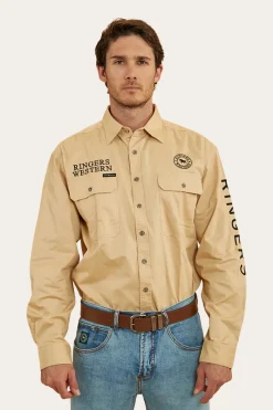 Online Ringers Western Hawkeye Mens Full Button Work Shirt - Dark Sand/Black