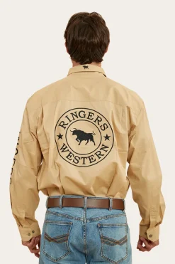 Online Ringers Western Hawkeye Mens Full Button Work Shirt - Dark Sand/Black