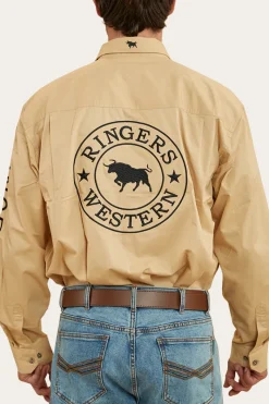 Online Ringers Western Hawkeye Mens Full Button Work Shirt - Dark Sand/Black