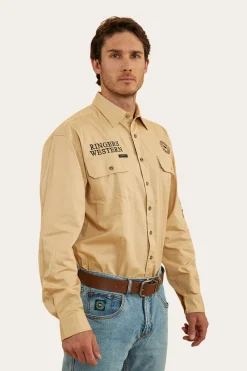 Online Ringers Western Hawkeye Mens Full Button Work Shirt - Dark Sand/Black