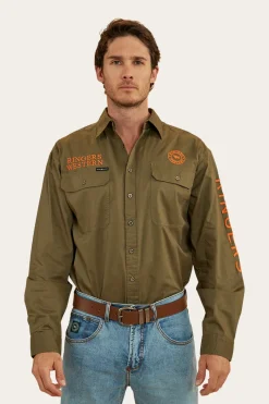 Discount Ringers Western Hawkeye Mens Full Button Work Shirt - Military Green/Orange
