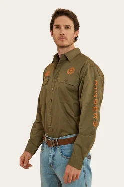 Discount Ringers Western Hawkeye Mens Full Button Work Shirt - Military Green/Orange