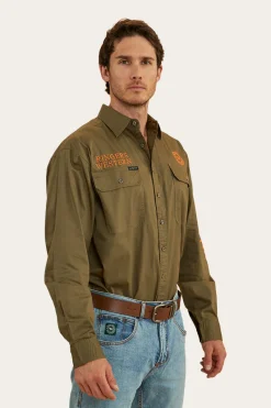 Discount Ringers Western Hawkeye Mens Full Button Work Shirt - Military Green/Orange
