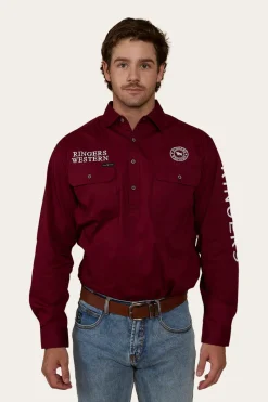 Outlet Ringers Western Hawkeye Mens Half Button Work Shirt - Burgundy