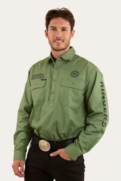 Clearance Ringers Western Hawkeye Mens Half Button Work Shirt - Cactus / Charcoal