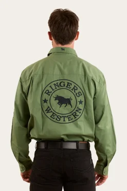 Clearance Ringers Western Hawkeye Mens Half Button Work Shirt - Cactus / Charcoal