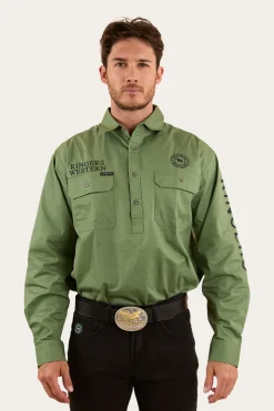 Clearance Ringers Western Hawkeye Mens Half Button Work Shirt - Cactus / Charcoal