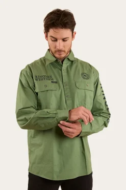 Clearance Ringers Western Hawkeye Mens Half Button Work Shirt - Cactus / Charcoal