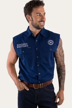 Online Ringers Western Hawkeye Mens Sleeveless Work Shirt - Navy/White