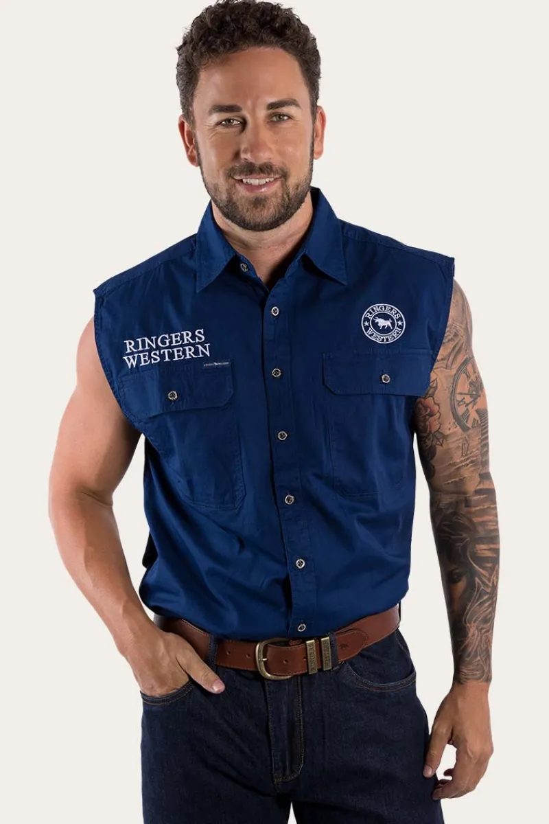 Online Ringers Western Hawkeye Mens Sleeveless Work Shirt - Navy/White