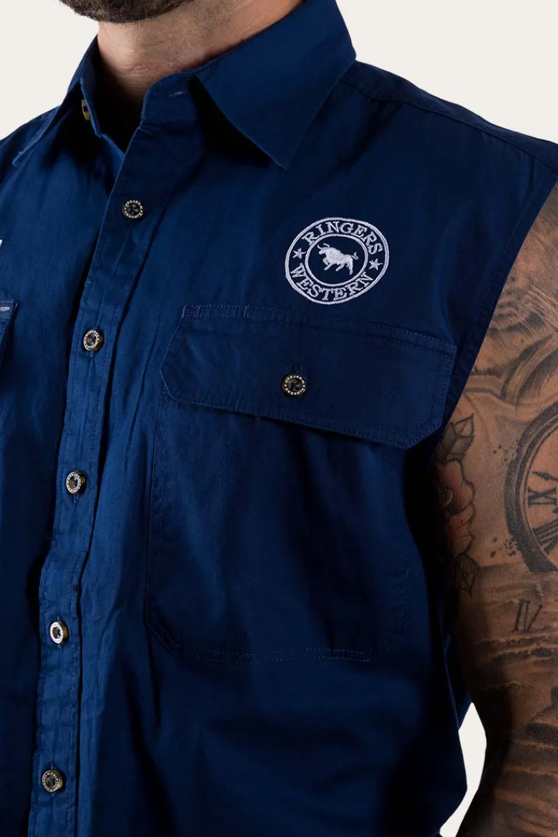 Online Ringers Western Hawkeye Mens Sleeveless Work Shirt - Navy/White