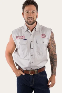 Sale Ringers Western Hawkeye Mens Sleeveless Work Shirt - Beige/Dark Red