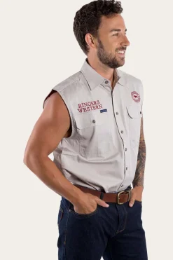 Sale Ringers Western Hawkeye Mens Sleeveless Work Shirt - Beige/Dark Red