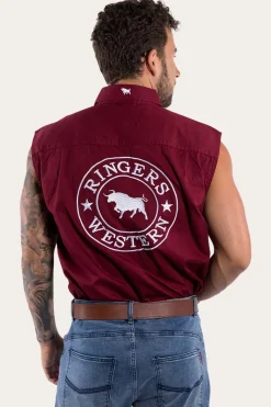 Discount Ringers Western Hawkeye Mens Sleeveless Work Shirt - Burgundy/White