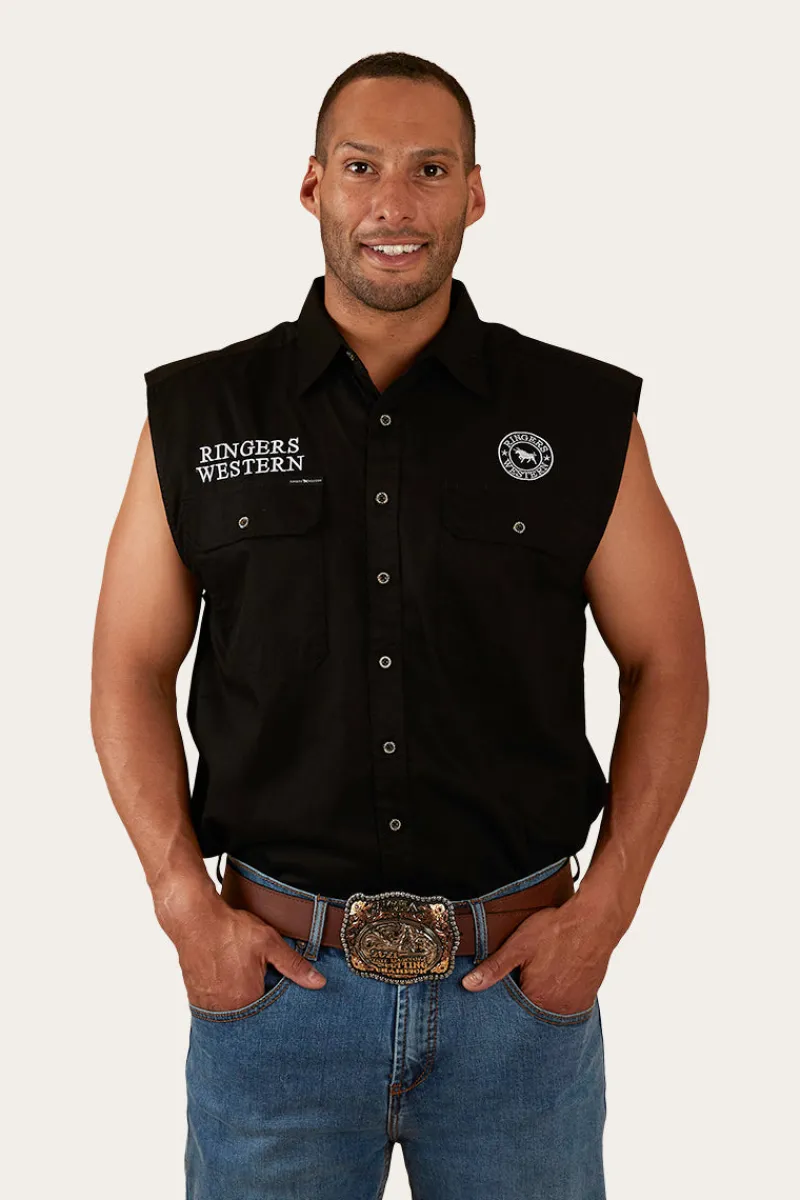 Online Ringers Western Hawkeye Mens Sleeveless Work Shirt - Black/White