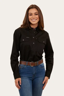 Online Ringers Western Herefords Womens Half Button Work Shirt - Black/Melon