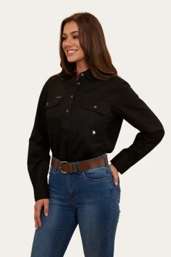 Online Ringers Western Herefords Womens Half Button Work Shirt - Black/Melon