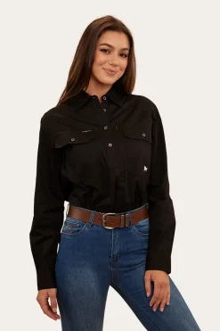 Online Ringers Western Herefords Womens Half Button Work Shirt - Black/Melon
