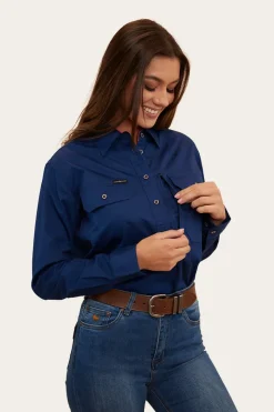 Online Ringers Western Herefords Womens Half Button Work Shirt - Navy/Melon