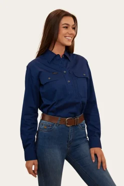 Online Ringers Western Herefords Womens Half Button Work Shirt - Navy/Melon