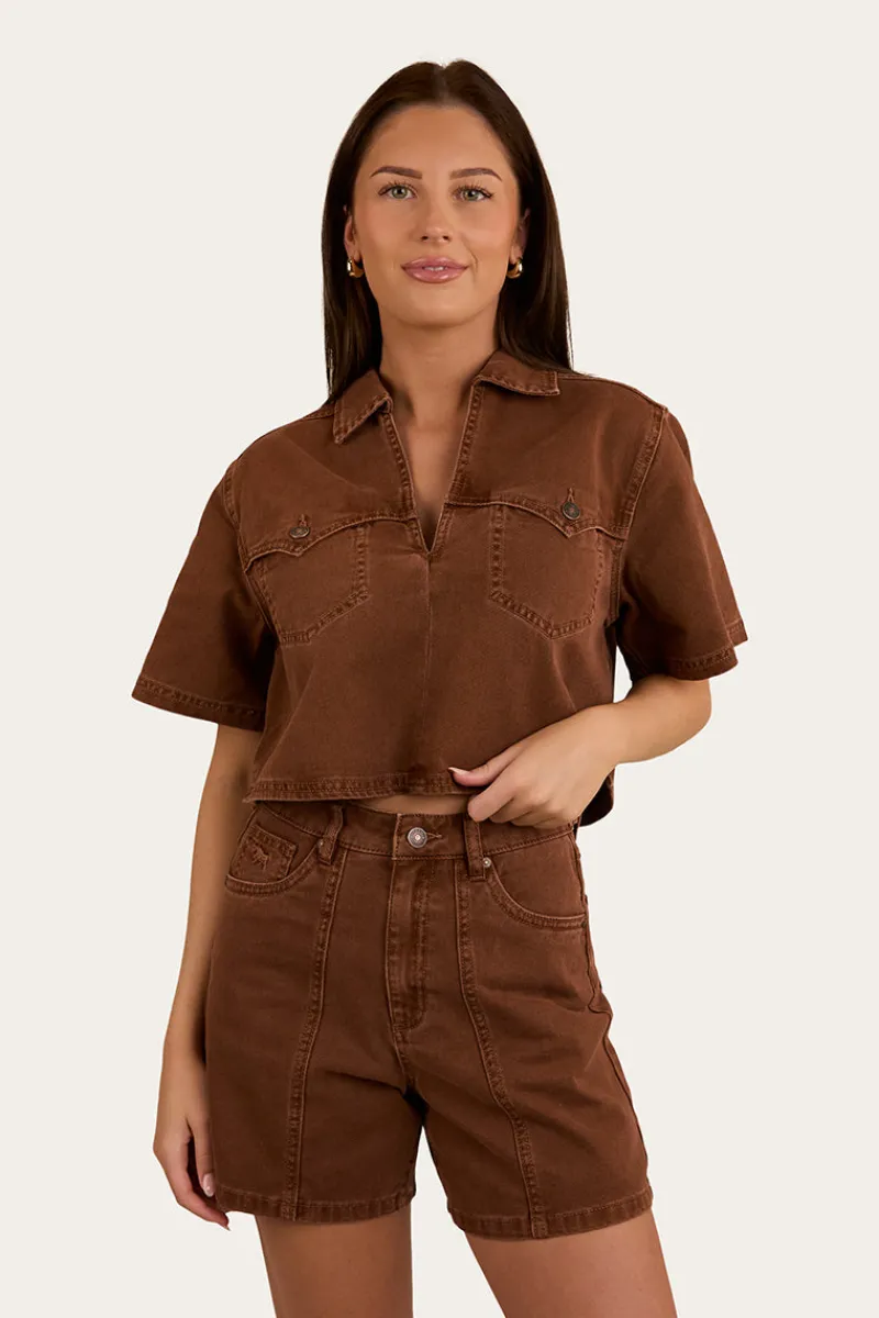 Best Ringers Western Iris Womens Denim Short - Saddle Brown