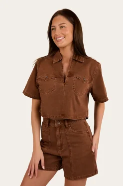 Outlet Ringers Western Iris Womens Denim Top - Saddle Brown