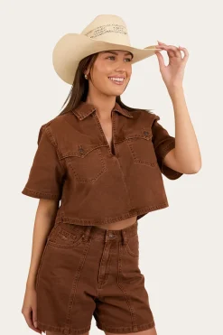 Outlet Ringers Western Iris Womens Denim Top - Saddle Brown