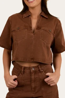 Outlet Ringers Western Iris Womens Denim Top - Saddle Brown