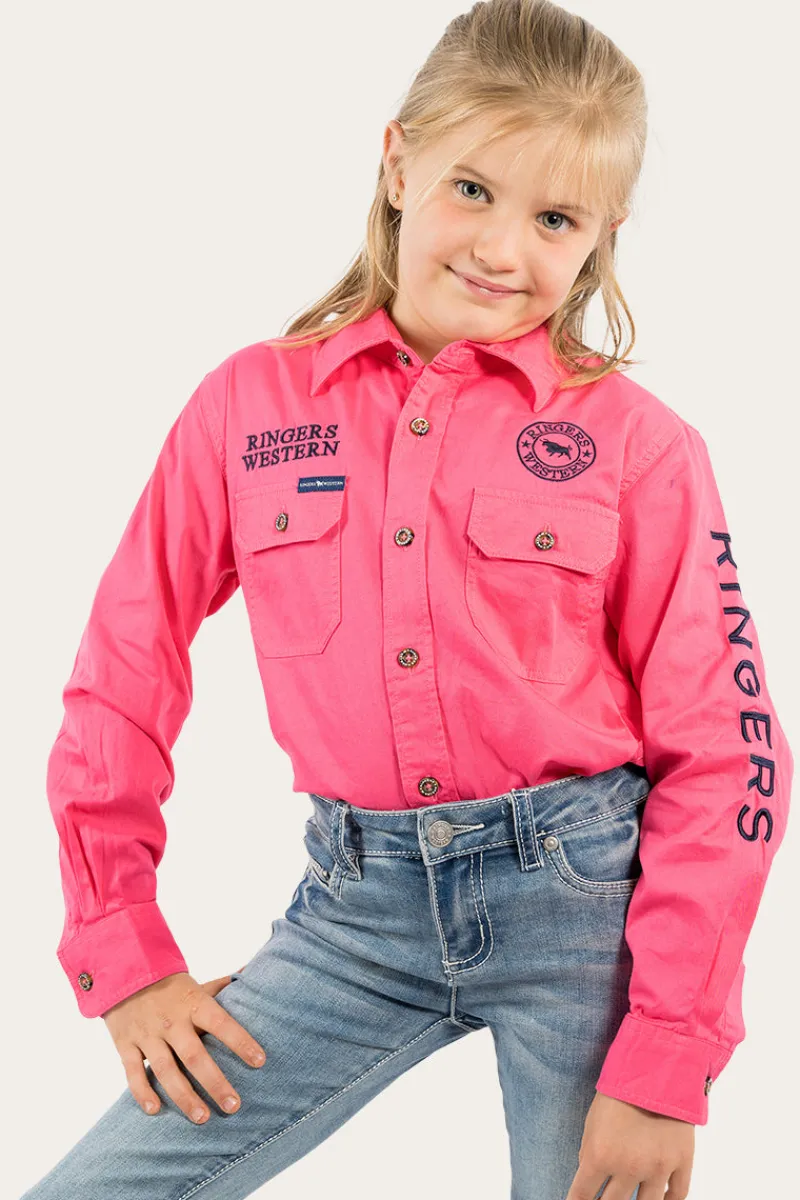 Hot Ringers Western Jackaroo Kids Full Button Work Shirt - Melon/Navy