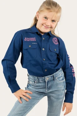 Clearance Ringers Western Jackaroo Kids Full Button Work Shirt - Navy/Melon