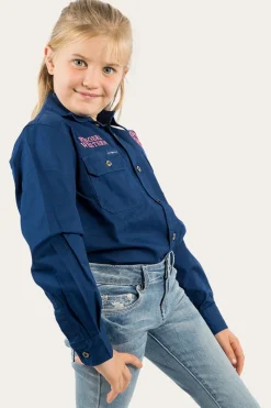 Clearance Ringers Western Jackaroo Kids Full Button Work Shirt - Navy/Melon