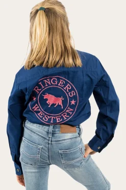 Clearance Ringers Western Jackaroo Kids Full Button Work Shirt - Navy/Melon
