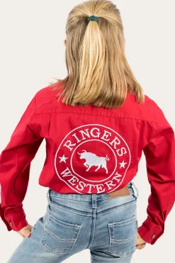Online Ringers Western Jackaroo Kids Full Button Work Shirt - Dark Red/White