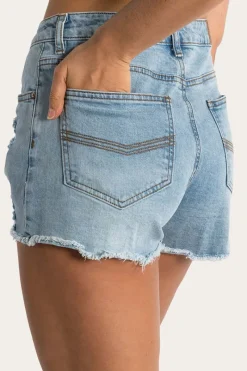 Clearance Ringers Western Jessie Womens Mid Rise Ripped Denim Short - Vintage Light Blue