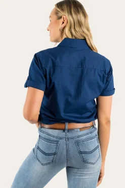 Clearance Ringers Western Jules Womens Full Button Short Sleeve Work Shirt - Navy