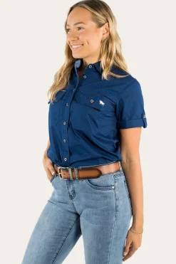 Clearance Ringers Western Jules Womens Full Button Short Sleeve Work Shirt - Navy