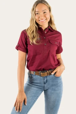 Best Ringers Western Jules Womens Half Button Short Sleeve Work Shirt - Burgundy