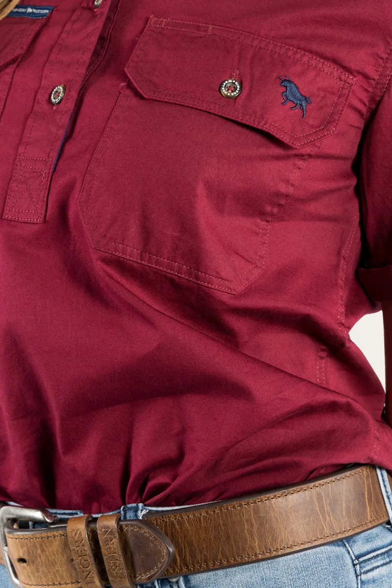 Best Ringers Western Jules Womens Half Button Short Sleeve Work Shirt - Burgundy