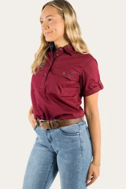 Best Ringers Western Jules Womens Half Button Short Sleeve Work Shirt - Burgundy