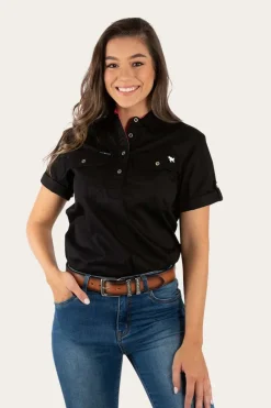 Ringers Western Jules Womens Half Button Short Sleeve Work Shirt - Black/Melon
