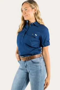 Outlet Ringers Western Jules Womens Half Button Short Sleeve Work Shirt - Navy