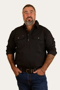 Outlet Ringers Western King River Mens Half Button Coolmax Work Shirt - Black