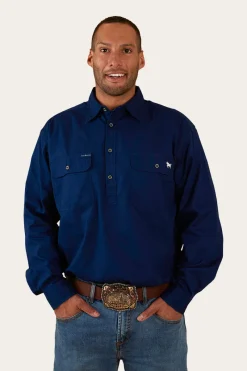 Outlet Ringers Western King River Mens Half Button Work Shirt - Navy