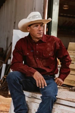 Clearance Ringers Western King River Mens Half Button Work Shirt - Burgundy